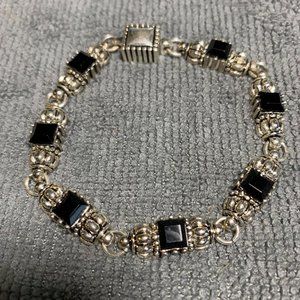 Black Rhinesone Antique Silvertone 8" Bracelet With Magnetic Closure. (321)